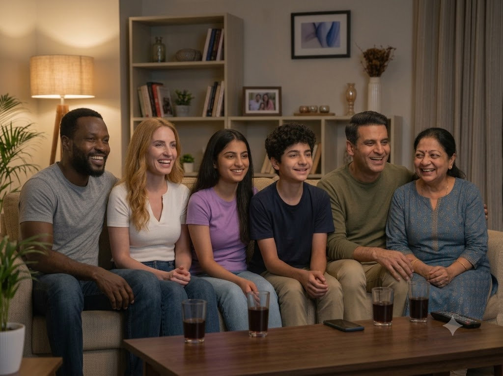 A family gathered around the TV for movie night