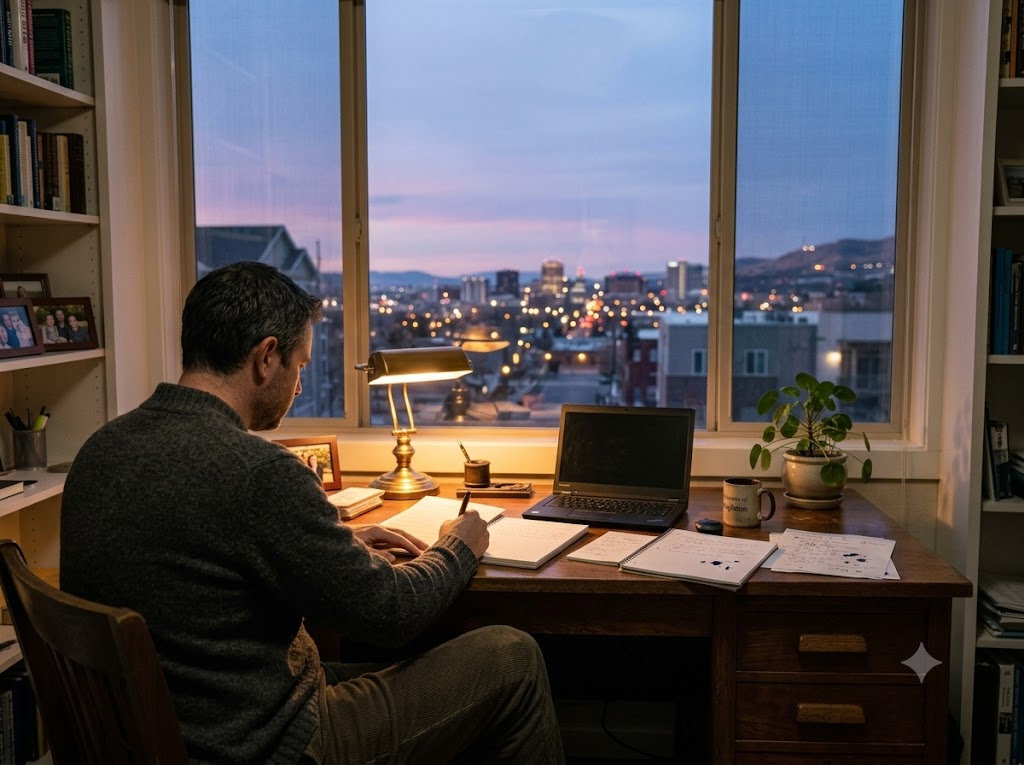 Clark writing at a desk overlooking the city at dusk